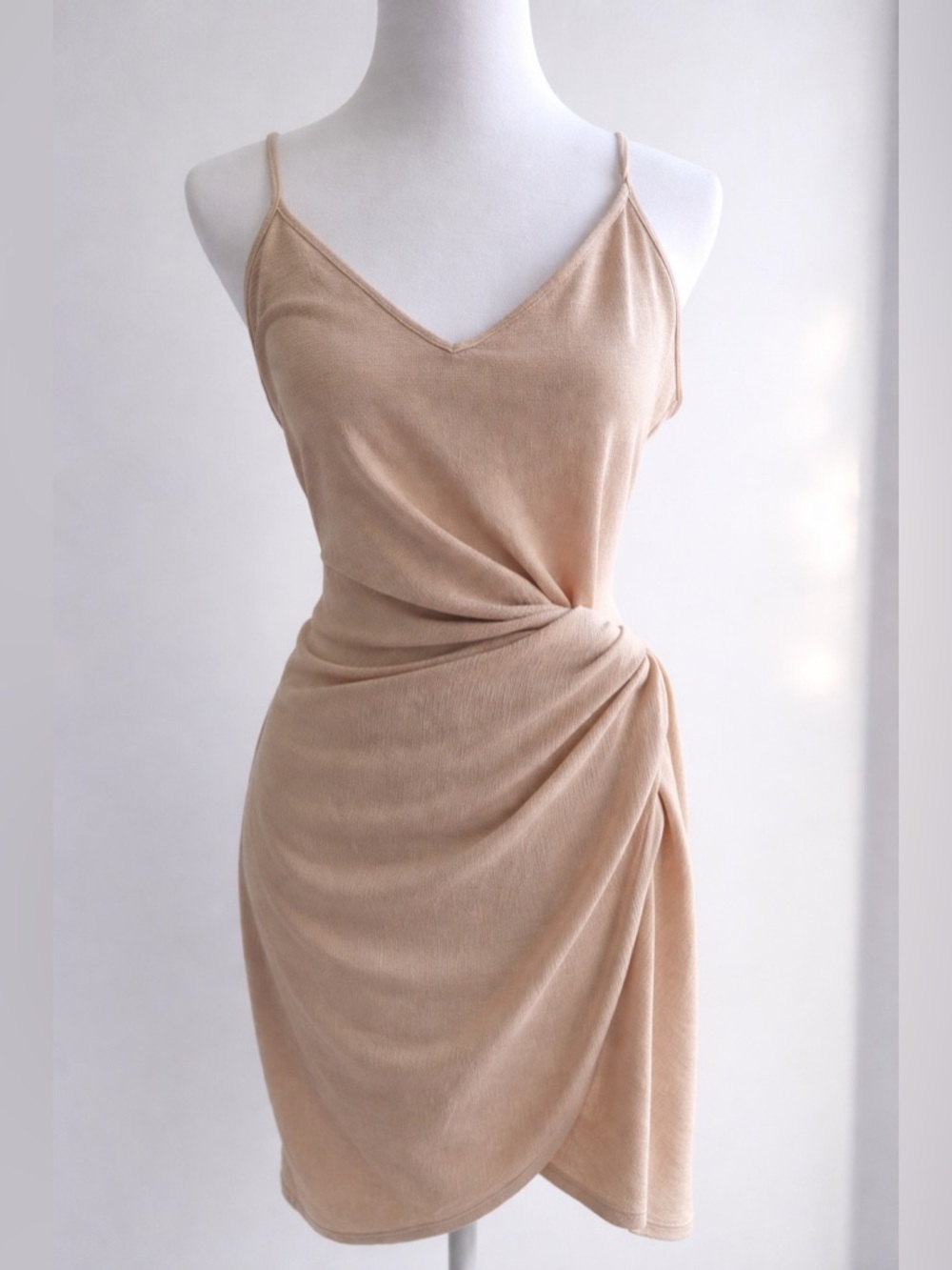 H&M Cream Draped Mini Dress Asymmetrical Ruched Bodycon Size M